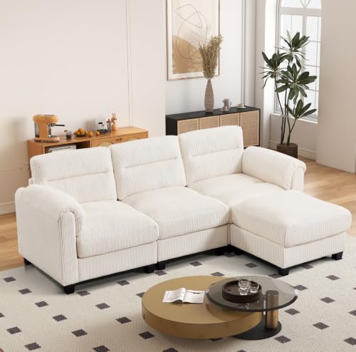 HAOMARKETS 90" Wide Modular L Shaped Sofa Couch with Movable Ottoman, Convertible Corduroy Sectional Couches with Reversible Chaises and Rolled Arm for Living Room,Beige