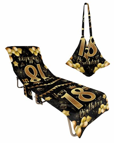 Happy 18th Birthday Beach Lounge Chair Towel Cover, Soft Chaise Lounge Towel with Side Pockets Patio Pool Chairs Cover for Beach/Pool Sunbathing 29x85 Black Golden Balloon Cake Fireworks