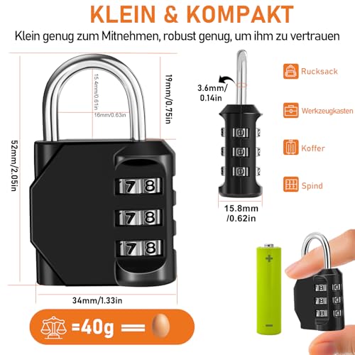 NAGE Schloss mit Zahlencode, Kofferschloss Zahlenschloss, Spindschloss, Zahlenschloss 3 Stellig, Kleines Schloss für Koffer, Rucksäcke, Gepäck, Sporttaschen und Aktentaschen (1 Stück, Schwarz)