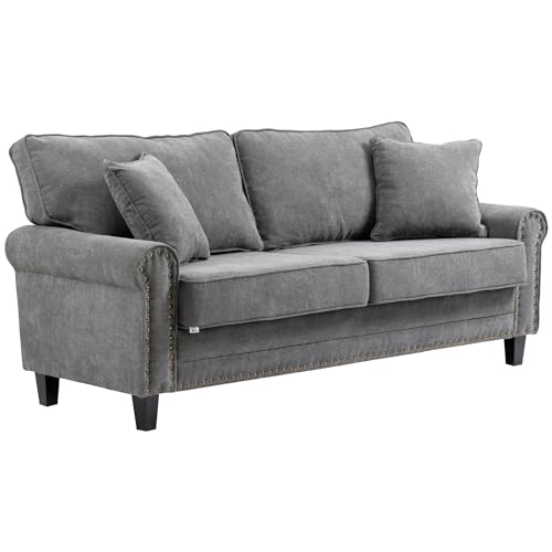 HOMCOM Sofá de 3 Plazas Sofá de Salón Estilo Moderno Tapizado en Poliéster con 2 Cojines Ribete de Cabeza de Clavo y Patas de Madera de Caucho 196x80,5x89 cm Gris