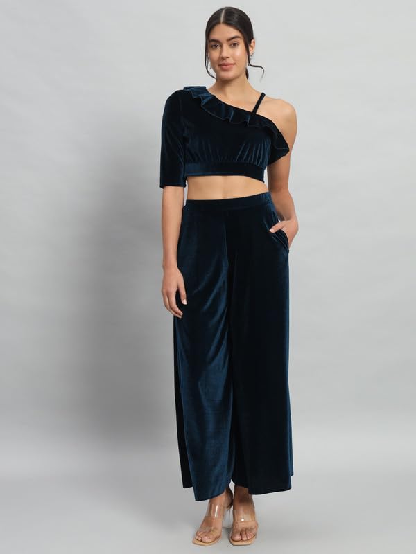 Image of Vaararo Velvet Co-Ords for Women | One Sleeve Crop Top with Palazzo Set Casual Party Dress