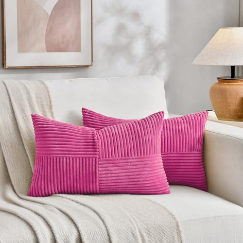 Image of Fancy Homi 2 Packs Hot Pink Lumbar Decorative Throw Pillow Covers 12x20 Inch for Living Room Couch Bed Sofa, Rustic Farmhouse Boho Home Decor, Soft Striped Corduroy Rectangle Accent Cushion Case