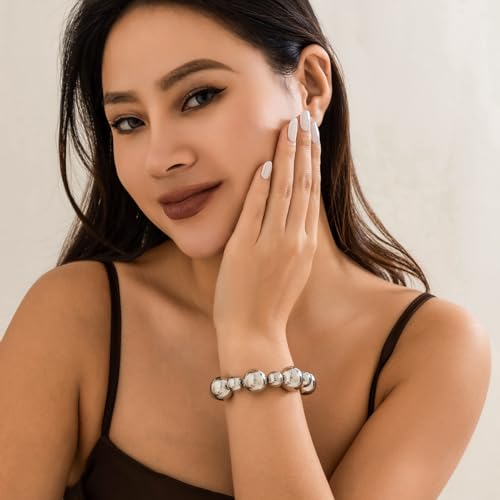 Gold Beaded Bracelet for Women Big Round Ball Beaded Elastic Bracelet Chunky Gold Bracelets Adjustable Stretch Strand Bracelets Fashion Dainty Jewelry Gift for Women3