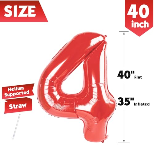 Image of 40 Inch Red Number 4 Balloon Birthday Party Decorations for Men & Women | 40 Inch Red inflatable foil number balloons, large birthday decorations for 4th birthday