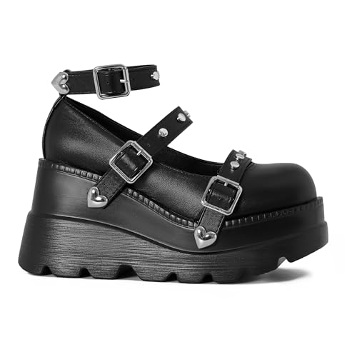 Women's Wedges Black Pumps Platform Mary Janes Shoes Comfortable Heels With Cute Bow Gothic Closed Toe3