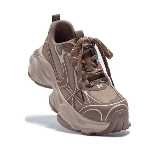 Chunky Sneakers for Women, Womens Fashion Sneakers, Leather Comfortable Dad Shoe Lace-Up Platform Walking Running Shoes