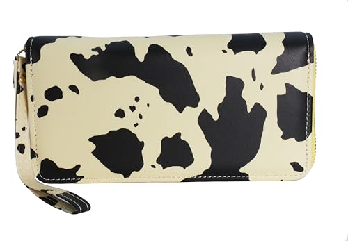 Ladies' ultra-thin long wallet, cow pattern, multi-layer organizer with zipper closure, 7.48 x 4.13 inches, khaki color