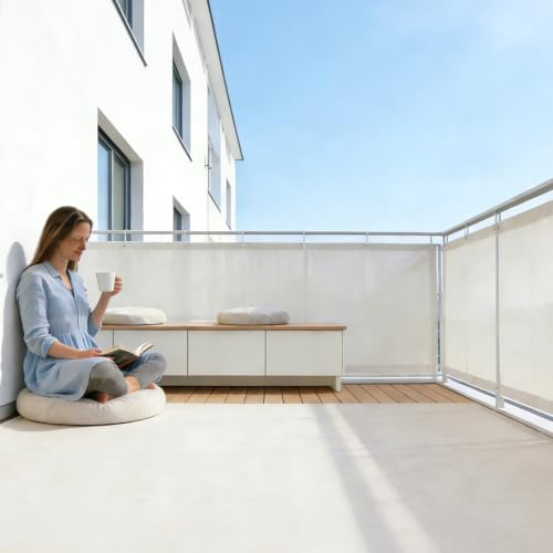 Image of Sunnylaxx Balcony Privacy Screen for Protection 90 x 1000 cm, Privacy Screen, Fence for Balcony Balcony PES for Balcony Garden Terrace, with Eyelets and Strap, Cream