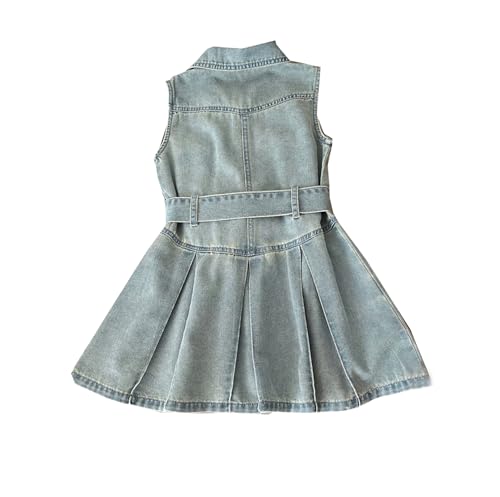 SANGTREE Girls' Denim Sundress Button A Line Jumper Casual Sleeveless Belted Dress, 18 Months - 10 Years2