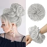 FESHFEN Messy Bun Hair Piece - Large Elastic Wavy Curly Hair Bun Scrunchies Ponytail Extensions Synthetic Chignon Hairpieces for Women, Platinum Grey 1.94oz