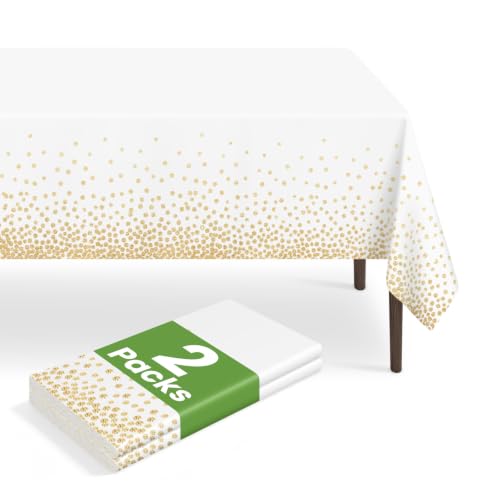 LIKAJON 2 Pack White and Gold Dot Tablecloth White Plastic Table Cloths for Parties Disposable 54x108in Waterproof Rectangular Camping Tablecloth for Birthday Party Picnic Baby Shower
