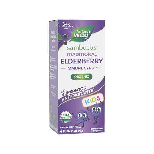 Nature’s Way Sambucus Traditional Elderberry Immune Syrup for Kids, Concentrated Black Elderberry Extract, Traditional Immune Support*, with Superfood Antioxidants(1), 4 Fl Oz (Packaging May Vary)