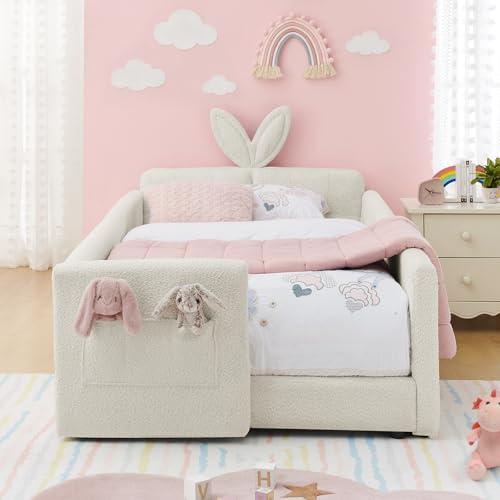 Image of Twin Size Kids Bed with Rabbit Ear Headboard, Upholstered Boucle Fabric Twin Daybed with Slats Support & Side Pockets, Space-Saving Wooden Corner Sofa Couch Bed Frame for Girls, Boys, Teenager(Beige)