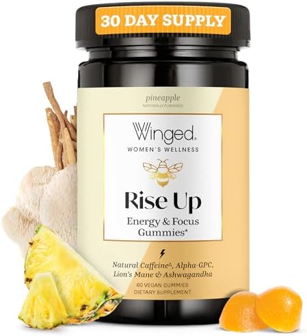 Winged Wellness Rise Up, Energy & Focus Gummies for Women – Daily Brain Boost Gummy Supplement with Natural Caffeine, Ashwagandha, B12, Nootropics Alpha-GPC & Lion’s Mane – Pineapple, 60 Gummies