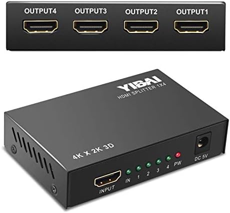 HDMI Splitter, YIBAI 4K HDMI Splitter 1 in 4 Out Ver 1.4 Certified for Full HD 1080P & 3D Support with US Power Adapter