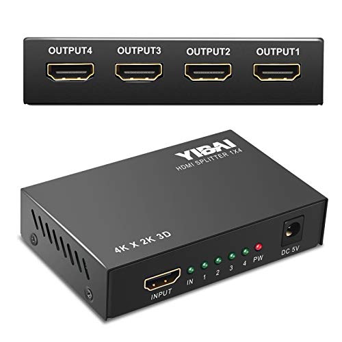 HDMI Splitter, YIBAI 4K HDMI Splitter 1 in 4 Out Ver 1.4 Certified for Full HD 1080P & 3D Support with US Power Adapter