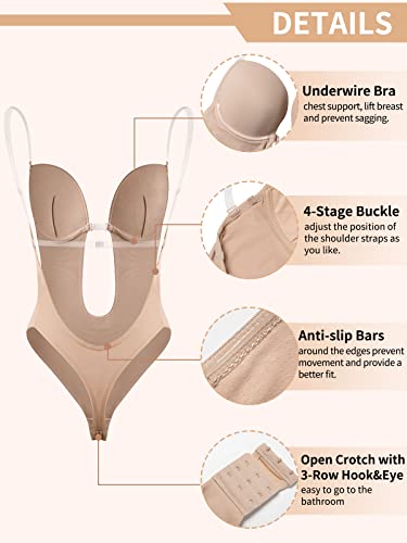 JOYSHAPER Women Plunging Deep V-Neck Strapless Backless Bodysuit Seamless Thong Full Body Shapewear for Wedding Party2