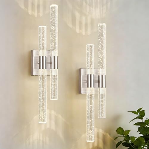 Image of Crystal Wall Sconces Set of Two LED Wall Sconce Hardwired Brushed Nickel Bathroom Vanity Light Fixtures 21.25in 4000K Vertical and Horizontal Wall Mounted Sconces for Bedroom Living Room