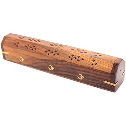 Govinda - Wooden Coffin Incense Burner - 12" OM - Brass Inlays - Storage Compartment Cover