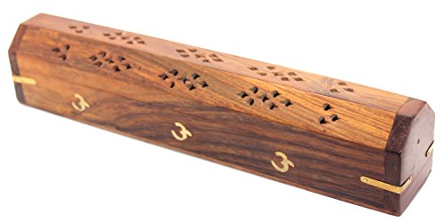 Govinda - Wooden Coffin Incense Burner - 12" OM - Brass Inlays - Storage Compartment