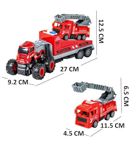 Image of SHIPEASE Friction Powered Fire Engine Truck Toys for Kids Boys 1 /43 Die Cast Metal Model Fire Rescue Excavator Engineering Car Trailer Miniature Toy Pull Back Vehicle (Multicolor)