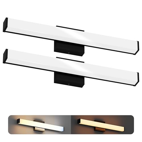 Image of 24 Inch Bathroom Vanity Light Fixtures with Night Light: Long Square Wall Mounted LED Lighting Bar Over Mirror with 5CCT & 2200K Color Changing, 120V, 1230-1350lm, ETL, Matte Black, 2 Packs