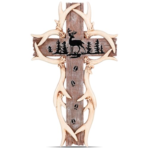 Bucherry Rustic Woodland Theme Deer Antler Wall Hanging Cross Realistic