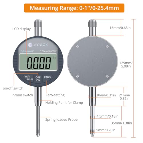 Neoteck 25.4mm/1" (0.0005"/0.01mm) Digital Indicator Set Dial Indicator and Magnetic Base Set with Storage Case, Ideal for 3D Printer Lathe Workshop CNC Machine Table Saw-90lbs(40kg) Max Pull