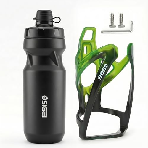 OSIGEI Fahrrad Flaschenhalter Set mit 650ml Trinkflasche Ultra-leicht Carbon-Optik Sportflasche Geeignet für MTB & Rennrad Inklusive 2 Montageschrauben & Inbusschlüssel (Schwarz Grün + Schwarz)