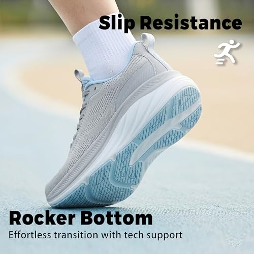 Image of Wondamo Women's Slip On Walking Shoes Cushioning Breathable Tennis Running Shoes Non-Slip Comfortable Gym Workout Athletic Fashion Sneakers, Grey /Blue, 6 US Women