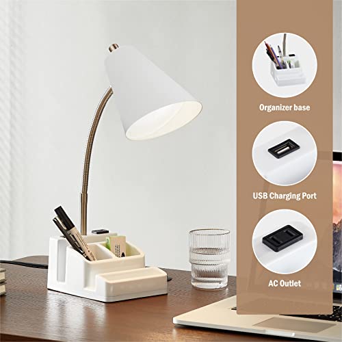 Thovas Led Desk Lamp With 1 Usb Charging Port And 1 Ac Outlet, Organizer Base, Adjustable Neck, On/Off Switch, Modern Table Lamp For Reading, Working, Studying, Gentle Warm White Light, Eye Protect #TOP5