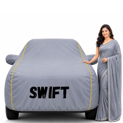 Image of Waterproof Car Body Cover for Swift 2018-23 All Weather Protection Comes with Inner Cotton Lining & Triple Stitched with Mirror & Antenna Pocket Belt & Elastic Fit Grey with Yellow Piping2