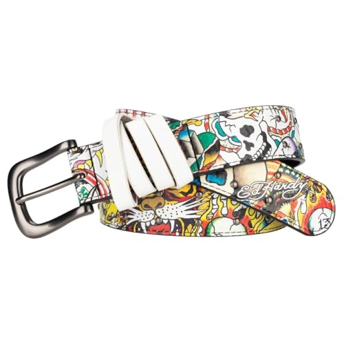 ED HARDY Men's 38mm All Over Print Hammered Stud Belt (White, 32)