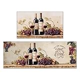 Koesnbre Red Wine Kitchen Rugs Sets of 2, Grapes Vintage Farmhouse Home Kitchen Rugs and Mats, Washable Non Skid Absorbent Microfiber Kitchen Floor Decor Mat 17'x 47'+17'x 30'