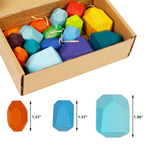 Image of Cllayees 16 Pcs Wooden Stacking Blocks Rocks Building Toys, Colored Solid Wood Stones Pre-School Educational Games Creative Toys for Kids Toddlers (Pack of 2)