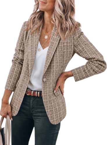 Image of Cicy Bell Womens Plaid Tweed Blazer Jacket Open Front Business Casual Coats