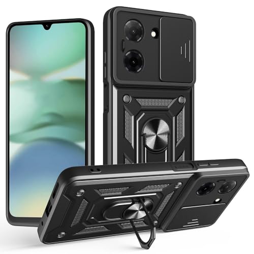 Image of Casodon Heavy Duty Back Case Cover for Tecno Pop 10 5G, Shockproof Tecno Pop 10 Back Cover, Ring Case with Kickstand and Camera Protection Shutter - Black