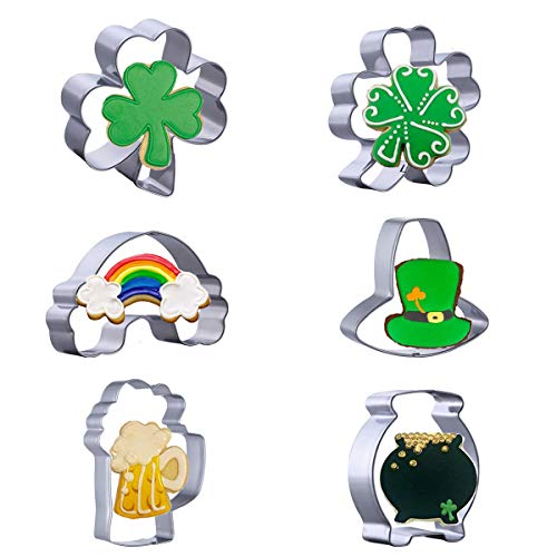 6 Pcs Shamrock St.Patrick's Day Cookie Cutter Set Irish Party Supplies - Shamrock, Four leaf clover, Leprechaun, Beer mug, Pot of Gold and Rainbow Cookie Cutters
