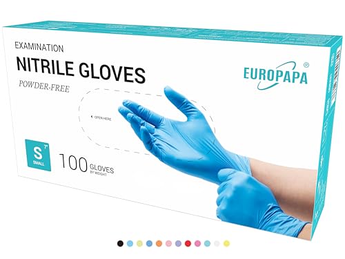EUROPAPA 100 Guantes De Nitrilo Desechables, Guantes Desechables, Guantes De Examen, Guantes De Nitrilo, Sin Polvo, Sin LÁTex, No EstÉRiles, Sin LÁTex, Guantes Disponables (S, Azul)