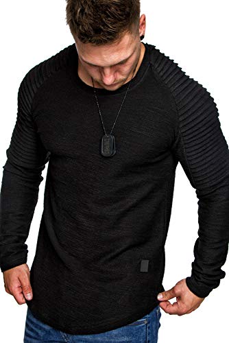 Amaci&Sons Oversize Vintage Herren Pullover Biker-Style Hoodie Sweatshirt Crew-Neck 6069 Schwarz L