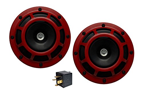 Velocity Dual Super Tone Loud Blast 139Db Universal Euro Red Round Horns High/Low Tone Twin Horn Kit Pair Set Compact Extremely Loud Compatible with Mazda Protege Eunos Miata Mx5 Mx6 Rx7 Rx8 Mazda 3