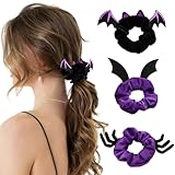 Halloween Scrunchies Spider Bat Demon Black Purple Gothic Satin Elastic Ponytail Holders Hair Scrunchy Party Supplies Women Hair Accessories 3Pcs