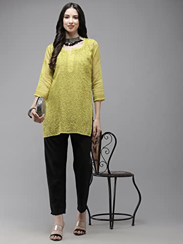 Image of Ada Women's Cotton Blend Regular Fit Tunic Hand Embroidered Lucknowi Chikankari Kota Western Top Kurti With Slip A911184