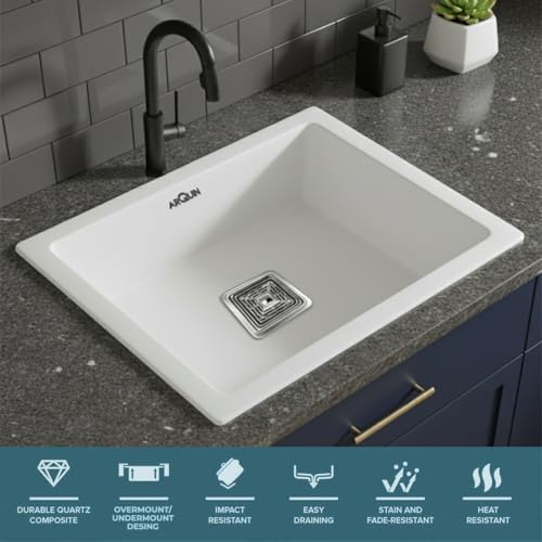 Image of ARQUIN Quartz Kitchen Sink 21x18x9 Inch White | Single Bowl Sink | Durable & Scratch-Resistant | Undermount /Topmount Including Coupling, Waste Pipe & Fruit Washing Basket