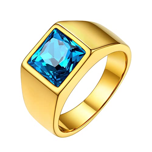 FindChic Stainless Steel Black/Blue Gemstone Signet Rings for Men Women Square Created Topaz/Custom Birthstone Nugget Ring for Party Anniversary Size 7 to 14 + Gift Box 02. blue stone (yello