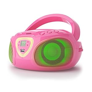 auna Roadie – CD-radio, stereo, boombox, USB, MP3, FM-radiotuner, Bluetooth 2.1, LED-verlichting, 2 x 1,5 W RMS-voeding, netvoeding en batterijvoeding, roze