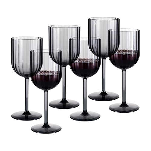 ZAINCA 14-ounce Plastic Fluted Stem Wine Glasses, Ribbed All Purpose Arcylic Glasses, set of 6 Grey, Reusble Shatter-resistant Dishwasher Safe