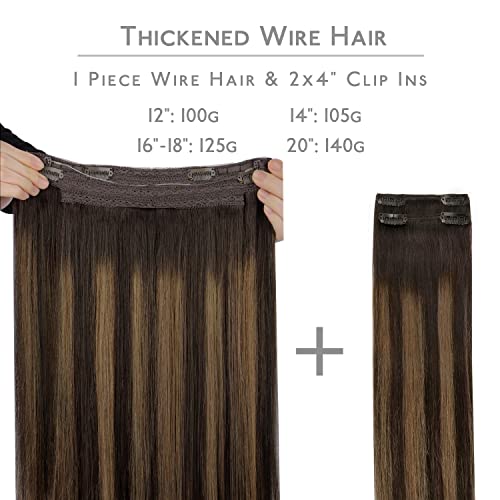 Image of WENNALIFE Wire Hair Extensions Real Human Hair 20 inch 140g Balayage Dark Brown to Chestnut Brown Remy Hair Invisible Transparent Wire Straight Reusable Natural Easy to Apply Reusable for Volume