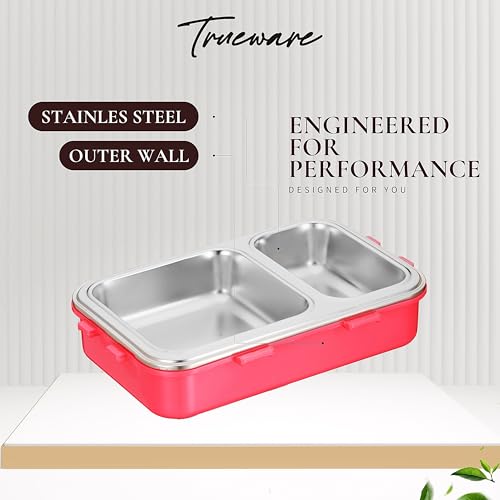 Image of Trueware Crest Lunch Box 2 Compartment Leak-Proof BPA Free Stainless Steel, Lunch Box for Kids, Lunch Box for School & Office with a Spoon, 580 ML (LBK-Crest-Pink BAZ)