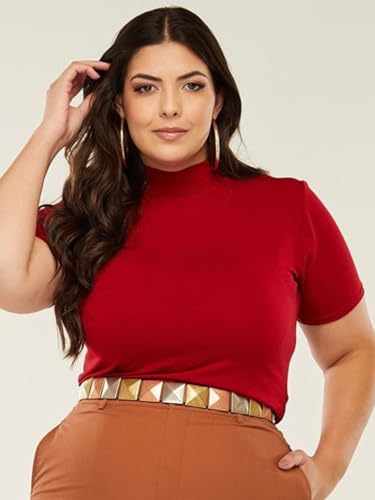 Kit 3 Blusas Femininas Malha Viscolycra Plus Size, Modelagem Justa, Manga Curta, Gola Alta (BR, Alfa